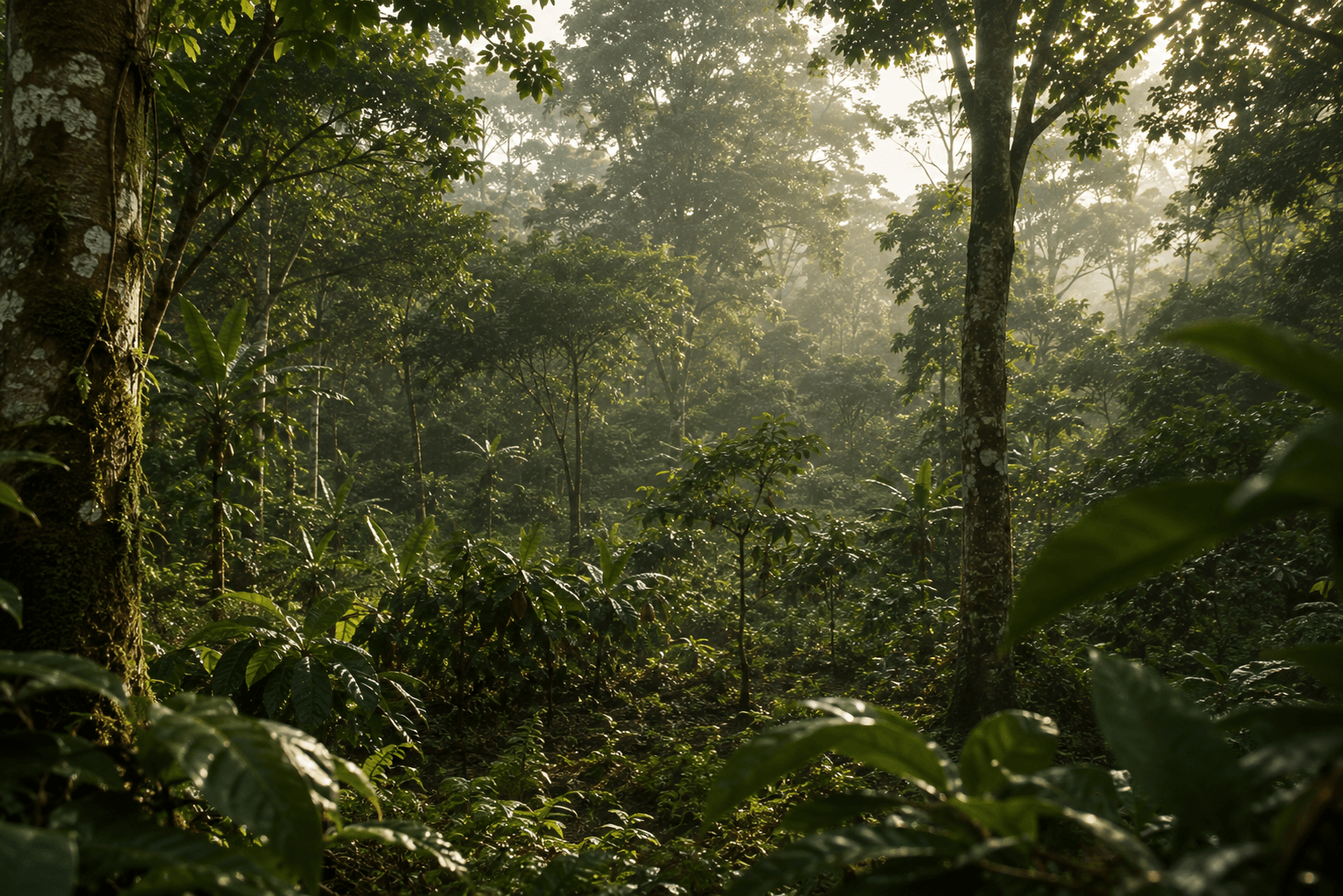 A quiet Cameroonian cacao agroforest beneath mature shade trees